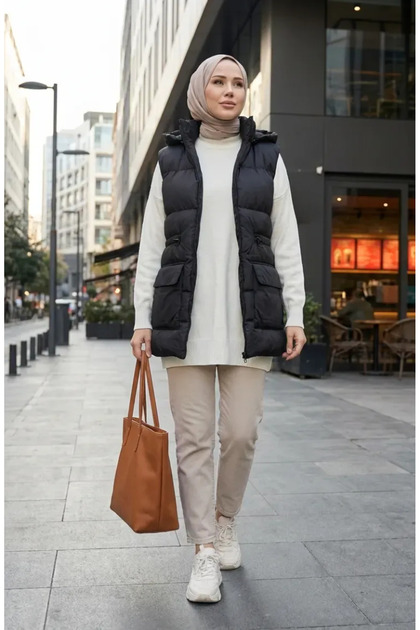 Hooded Zippered Puffer Vest 0170-02 Black
