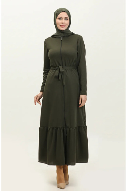 Abaya cu curea plisată 0703-03 Kaki