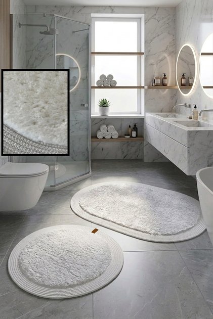 2-Piece Post Bathroom Mat Set Non-Slip Base Washable Plush Jute Edge Detailed Oval Round 100X60 60X60 Rug Carpet