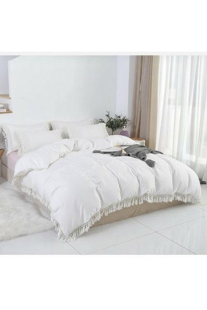 Cotton Satin Fringed Duvet Cover Set - White with Bohemian Lace Detail Pillowcases