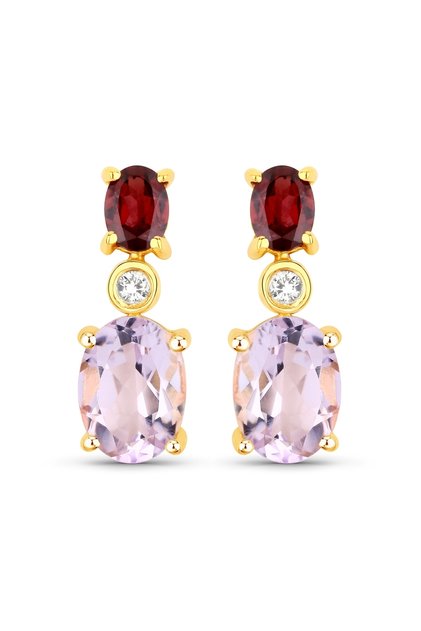 Edelsteinohrringe aus Sterlingsilber, vergoldet, mit Amethyst, rosa Rhodolith, rosa-rotem Topas und Weißgold