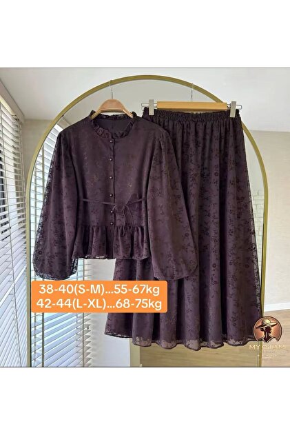 Women's Modest Flock Pattern Skirted Two-Piece Set Lace-Detail Lined Stylish and Elegant Outfit