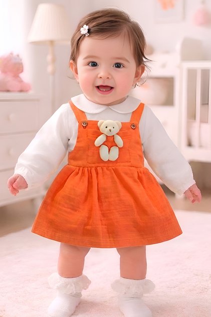 Baby Girl and Child Dress Muslin Fabric Double Set with Teddy Bear