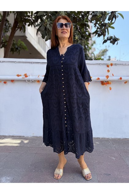 All Button Brode Dress Navy Blue