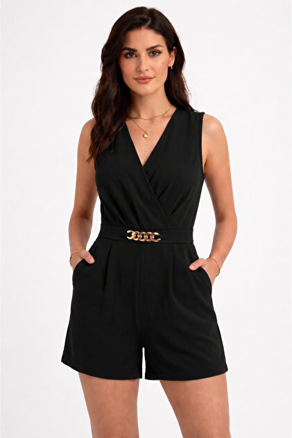 Women's V-Neck Sleeveless Pocket Detailed Double Fabric Shorts Jumpsuit