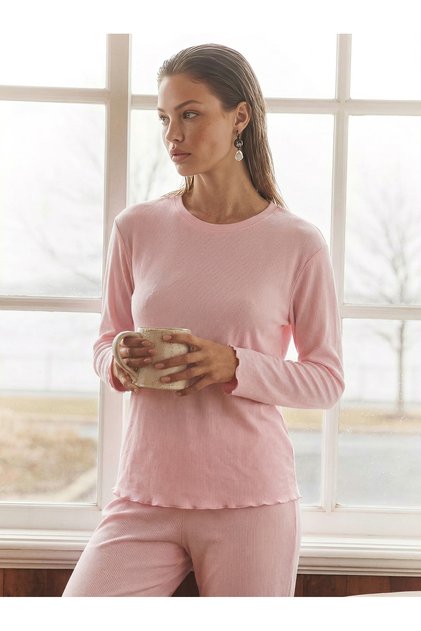 Selene Ribana Pembe Uzun Kollu Fırfır Dikişli Kadın Pijama Takımı