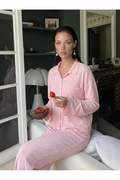 Luna Rib Knit Pink Long Sleeve Shirt Collar Women's Pajama Set