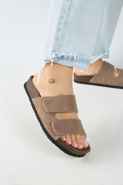 ® Premium Tolly Genuine Leather Snake Textured Double Belted Velcro Women's Daily Slippers
