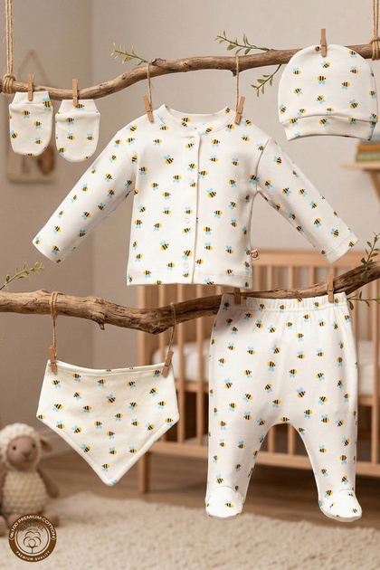 100% Cotton Organic Bee Printed Newborn Hospital Discharge Set 5 Pieces