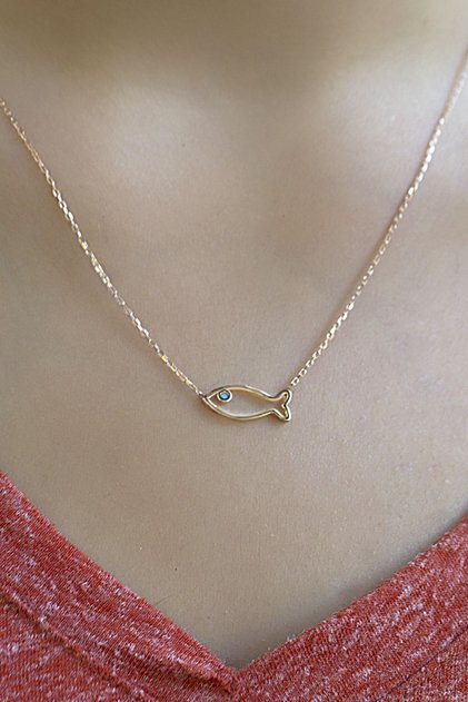925 Ayar Rose Kaplamalı Turkuaz Taşlı Minimal Balık Gümüş Kolye