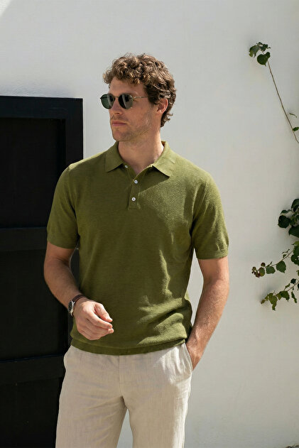 Men's Polo Collar Buttoned Short Sleeve Knitwear T-Shirt Khaki 26S2016
