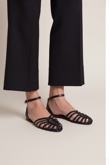 Genuine Leather Knitted Detail Ankle Strap Elastic Daily Women's Sandals