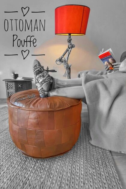 Ottoman Pouffe Hakiki Kuzu Derisi El Yapımı Bohem Puf Yer Ayak
