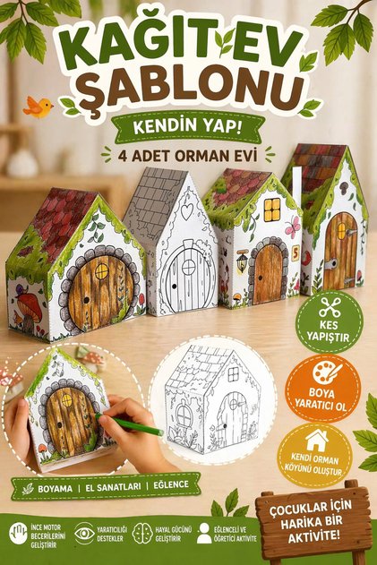 Kağıt Ev Şablonu | Kendin Yap, 4 Adet Orman Evi, Boyama El Sanatları