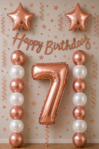 Rose Gold 7 Yaş Doğum Günü Kutlama Seti; Beyaz Rose Gold Balon, Rakam Yıldız Folyo Ve Banner
