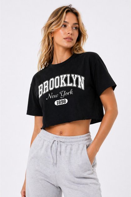 Women's Crop T-Shirt Brooklyn Printed Oversize Relaxed Fit Basic Short Tshirt - Black