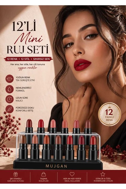 12’li Mini Ruj Seti Nude & Kırmızı Tonlar Kalıcı Renk