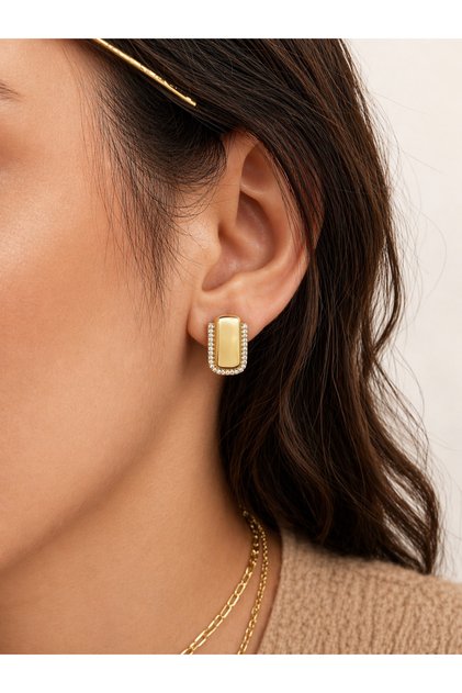 Vip Gold Rectangular Cut Minimal Modern Stone Framed Anti-Tarnish Steel Earrings