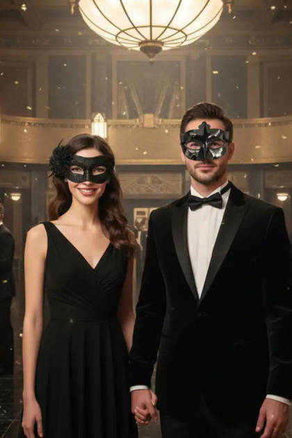 Gizemli Siyah Balo Maskeleri Seti - Glitter Detaylı Tüylü Kadın Maskesi ve Parlak Masquerade Maske
