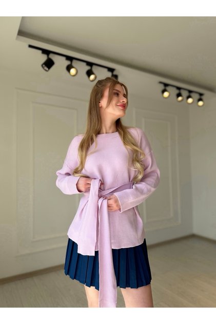 Bisiklet Yaka Kuşak Bağlamalı Oversize Kazak