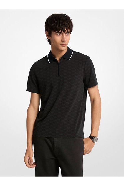Men's Zipper Closure Short Sleeve Mk Print Patterned Black Polo Collar T-Shirt