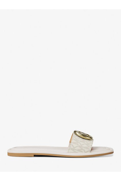 Women's Square-Toe Metallic Logo Detailed Leather Ecru Slippers