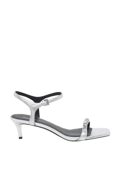 Women's Short Heeled Open Toe Leather Gray Classic Heeled Shoes with Metallic Accessories