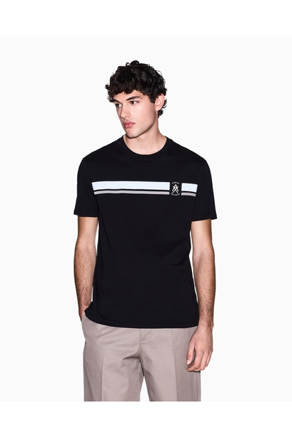 Men's Regular Cut Logo Detailed Round Neck Short Sleeve Black T-Shirt with Cotton Content