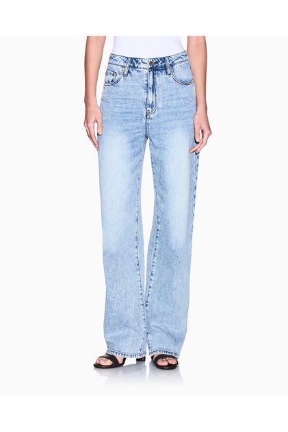 Kadın Denim Yüksek Bel Düğmeli Geniş Paçalı Lacivert Jeans