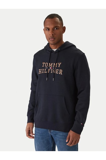 Erkek Normal Kalıp Kapüşonlu Logo Kabartmalı Uzun Kollu Lacivert Sweatshirt