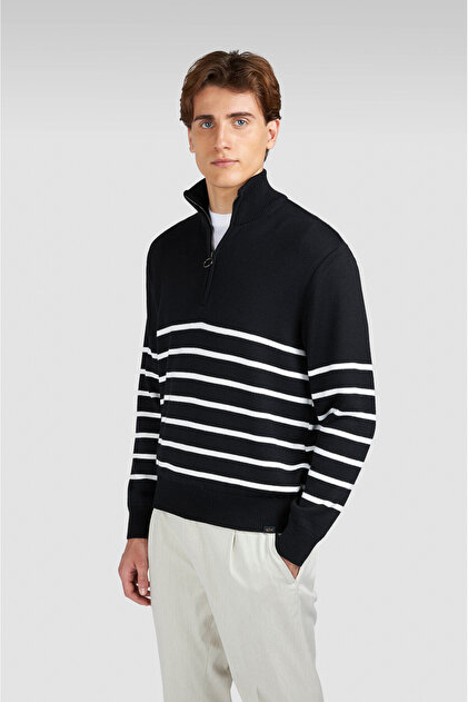 Men's Stand Collar Long Sleeve Striped Patterned Long Sleeve Black Knitwear