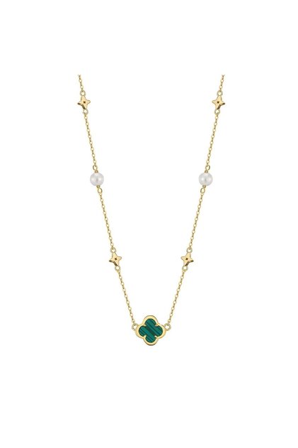 Lănțișor argint 925 placat cu aur, trifoi verde, perle apă dulce și steluțe, damă 40+5 cm JW1685