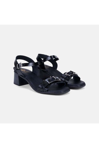 Women's Black Buckle Thick Heeled Patent Leather Sandals