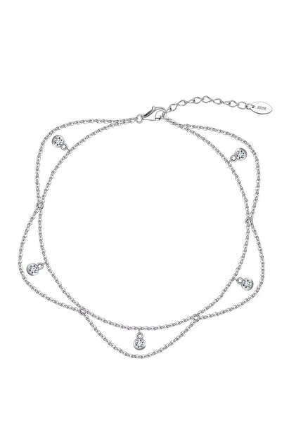 Brățară de gleznă dublă argint 925 rodiat, 5 zirconii pandantiv, reglabilă 21,5+5 cm, damă JW1810