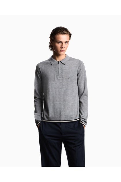 Men's Cotton Polo Collar Zipper Closure Long Sleeve Gray Sweater