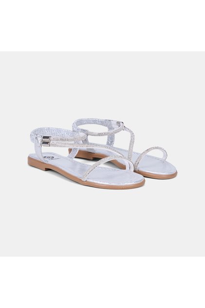 Women's Silver Thin Strap Sandals with Elastic Back and Stone Detail