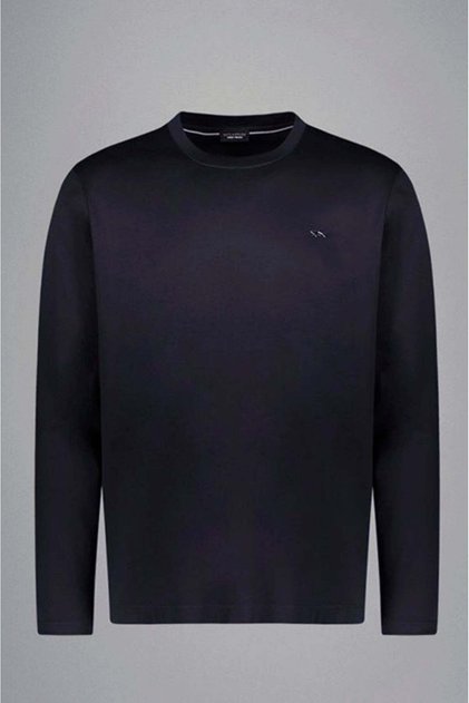 Erkek Bisiklet Yaka Uzun Kol Pamuklu Slim Fit Lacivert-Gümüş T-Shirt