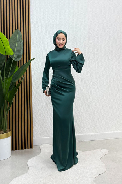 Tarzm Tuba Premium Green Zara Satin Draped Spanish Sleeve Hijab Evening Dress- Trendyol Tarzm Tuba Premium Green Zara Satin Draped Spanish Sleeve Hijab Evening Dress- Trendyol