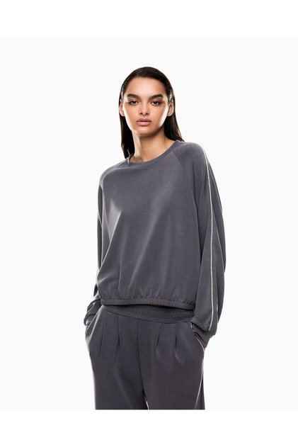 Kadın Metalik Efektli Logo Uzun Kol Rahat Kesim Lastikli Etek Ucu Siyah Sweatshirt