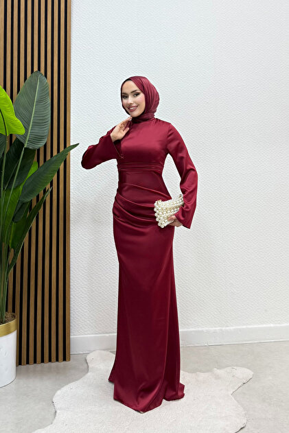 Tarzm Tuba Premium Burgundy Zara Satin Draped Spanish Sleeve Hijab Evening Dress- Trendyol Tarzm Tuba Premium Burgundy Zara Satin Draped Spanish Sleeve Hijab Evening Dress- Trendyol