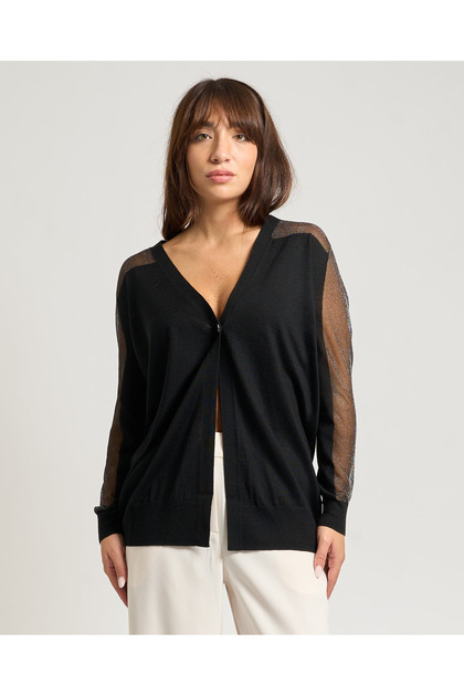 Women's Regular Fit V-Neck Single Button Sleeve Tulle Detailed Black Cardigan