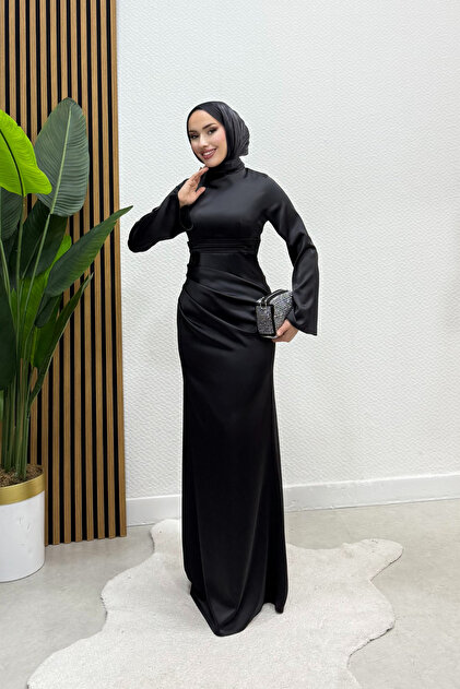 princess polly baby blue dress Tarzım Tuba Premium Black Zara Satin Draped Spanish Sleeve Hijab Evening  Dress- Trendyol main image 0