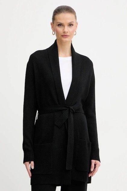Women's Belted and Pocketed Relaxed Fit Long Sleeve Black Cardigan