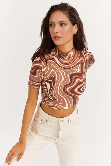 Women's Almond Half Fisherman Patterned Crop Blouse App1207
