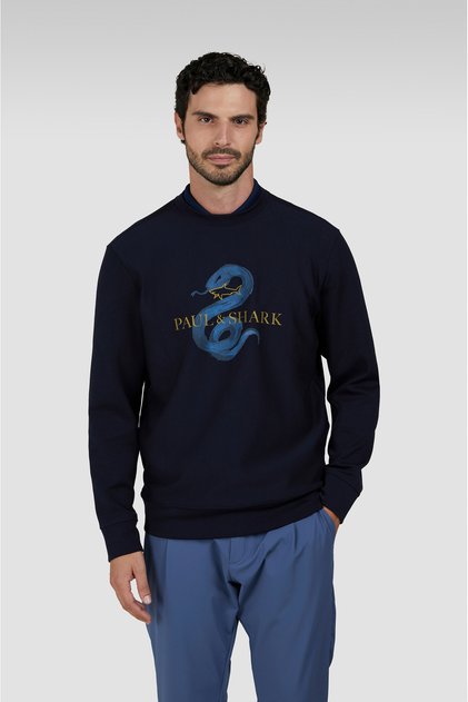 Erkek Normal Kesim Pamuklu Yılan Yılı Baskılı Yuvarlak Yaka Uzun Kollu Lacivert Sweatshirt