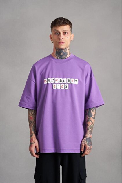Tricou oversize cu imprimeu Mch Mahhong pentru bărbați, violet