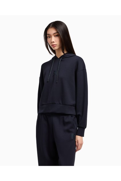 Kadın Normal Kalıp Kapüşonlu Yaka Beli Lastikli Uzun Kollu Lacivert Sweatshirt