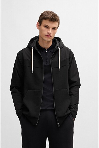 Erkek Kapüşonlu Yaka Fermuar Kapamalı Siyah Sweatshirt