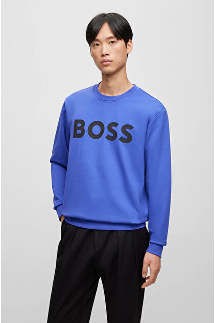 Erkek Marka Logo Detaylı Regular Fit Uzun Kollu Mavi Sweatshirt