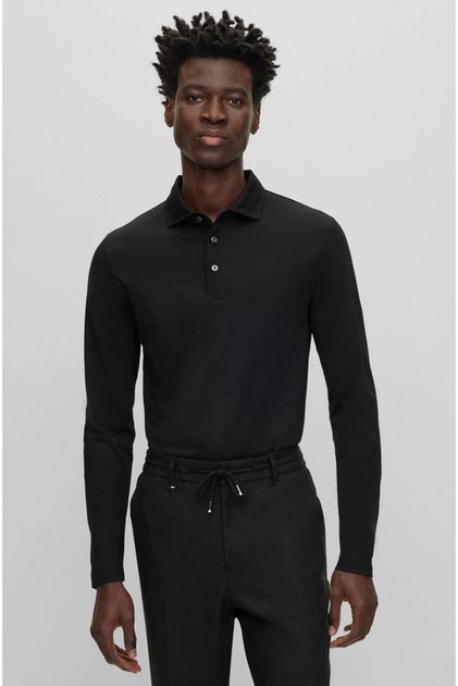 Erkek Polo Yaka Uzun Kollu Pamuklu Rahat Kesim Siyah Polo Yaka T-Shirt